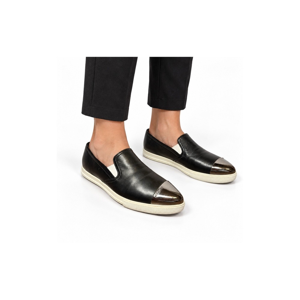 MIU MIU Black Pointed Metal Toe Snip Platform Slip On Leather Loafer Women EU 38